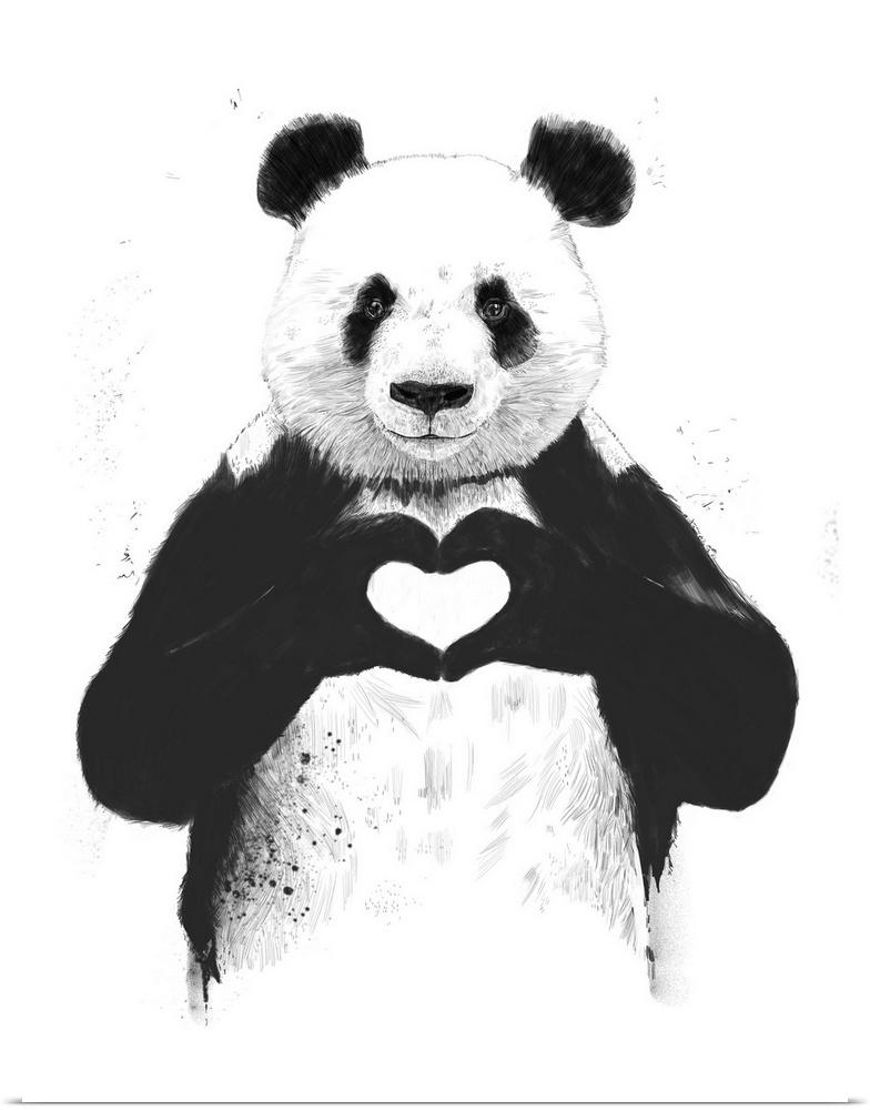 A contemporary illustration of a panda bear holding up paws to make a heart shape.