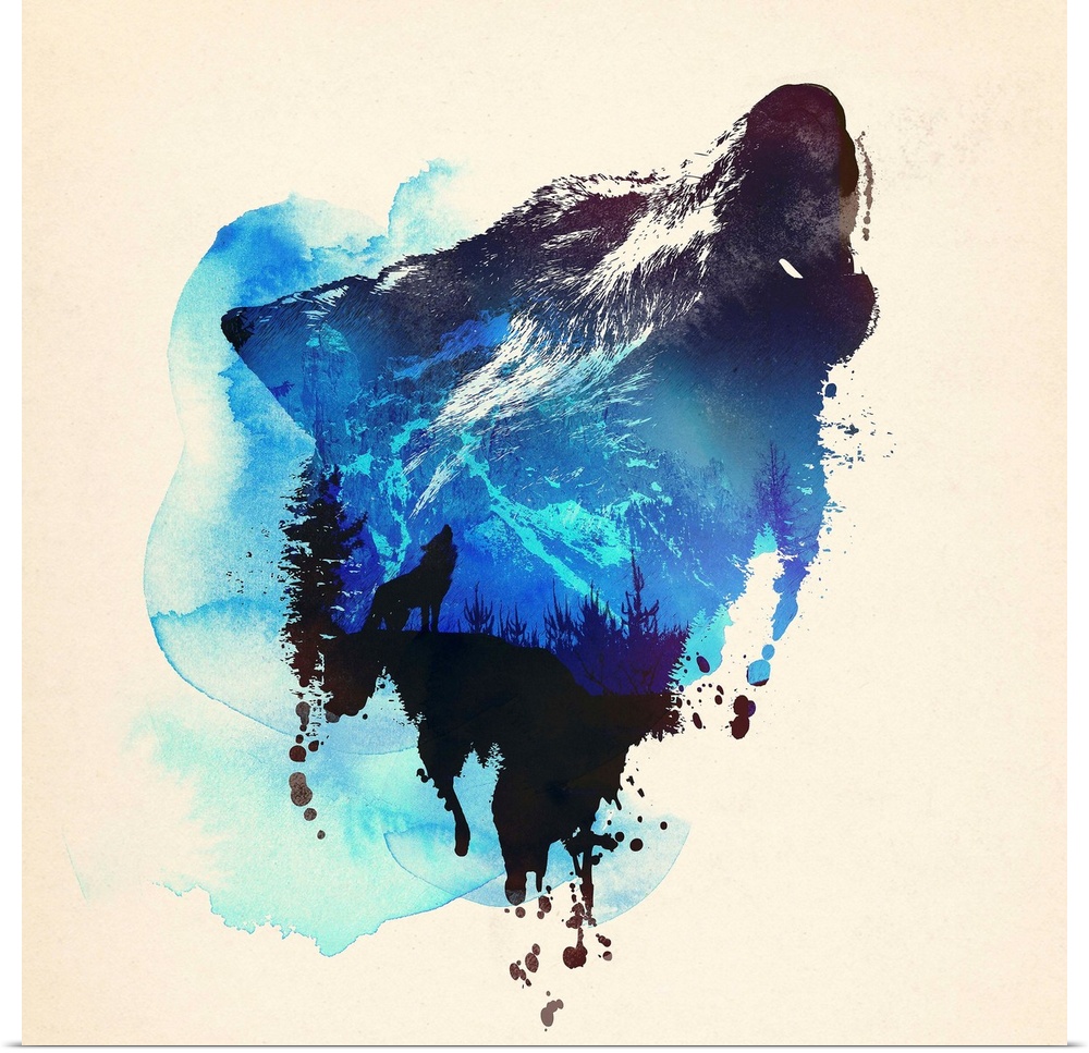 Contemporary double exposure artwork of a wolf and forest silhouette scene.