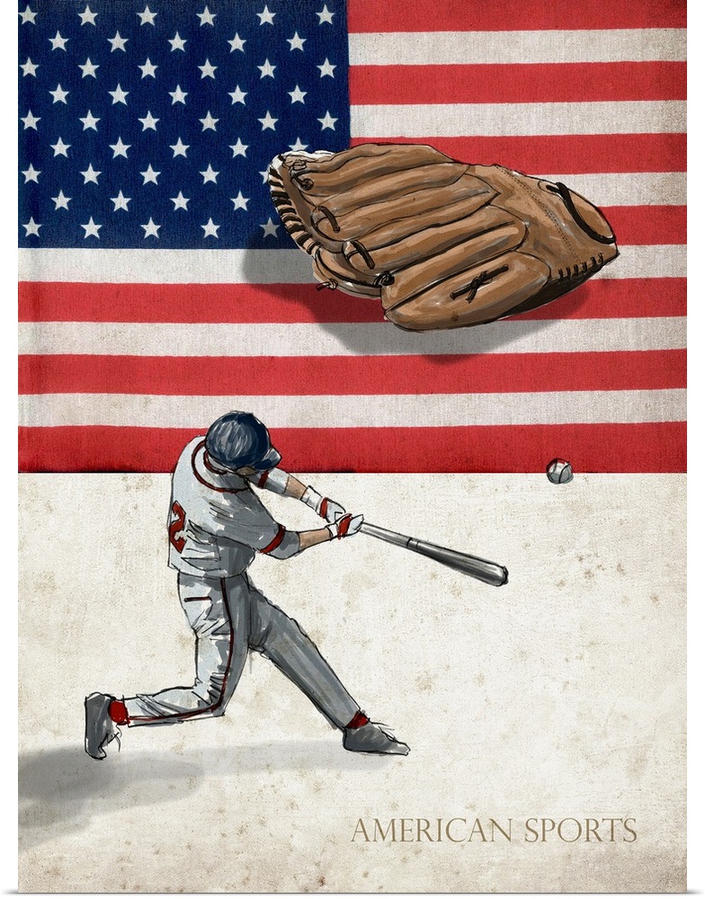 A digital illustration of a baseball player swinging a bat at a ball with the american flag and "American Sports" in the b...