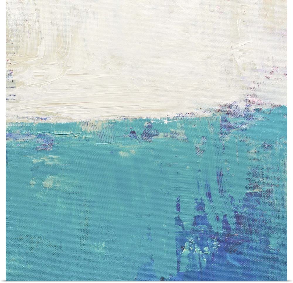 Contemporary abstract colorfield painting using aqua and white in a distressed style.