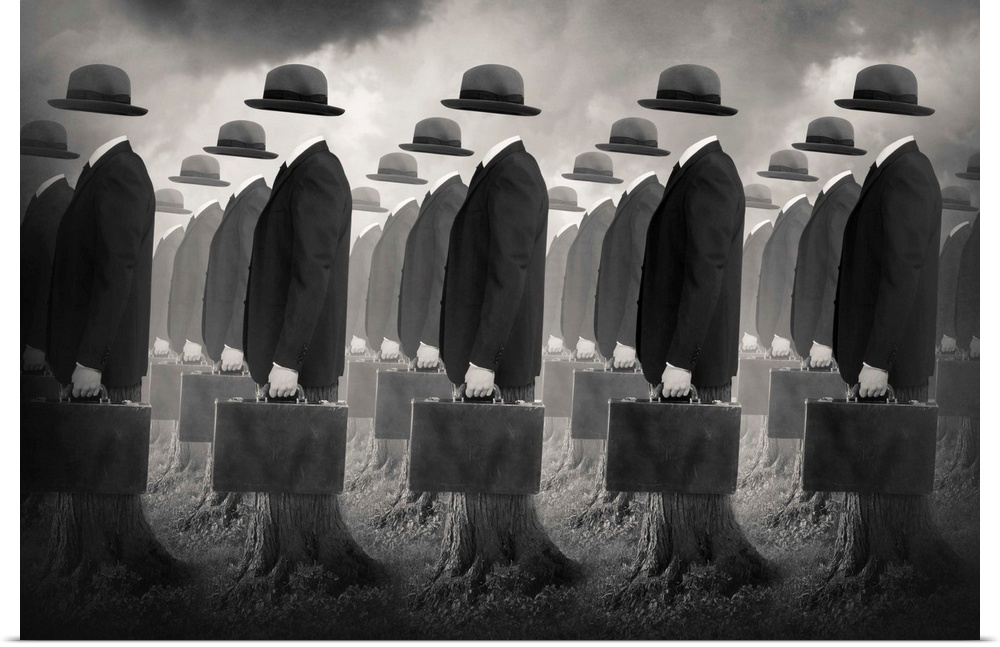 An abstract art photograph of empty business suits and hats, holding briefcases in formation.