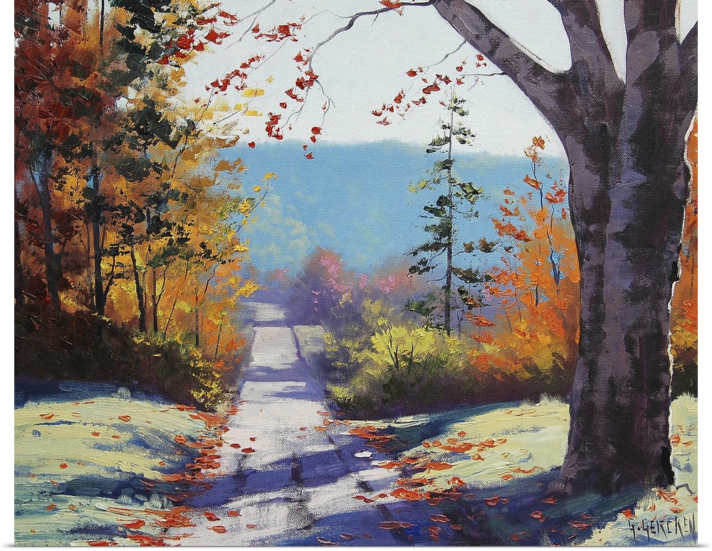 Contemporary painting of an idyllic countryside landscape, with a road cutting through autumn foliage.