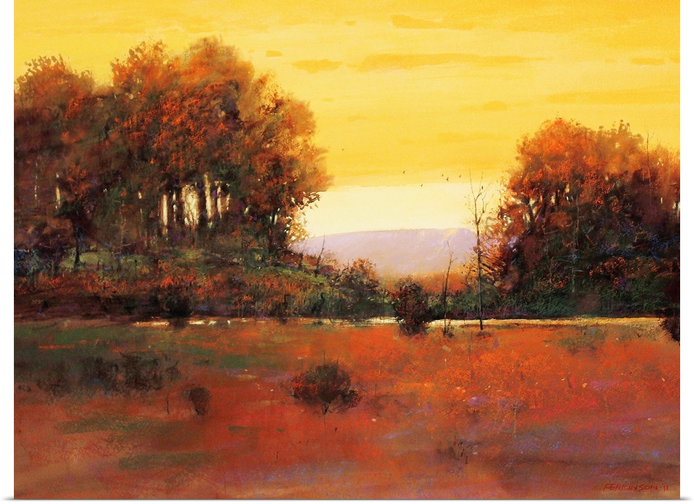 A contemporary painting of a southwestern landscape under an orange sky.