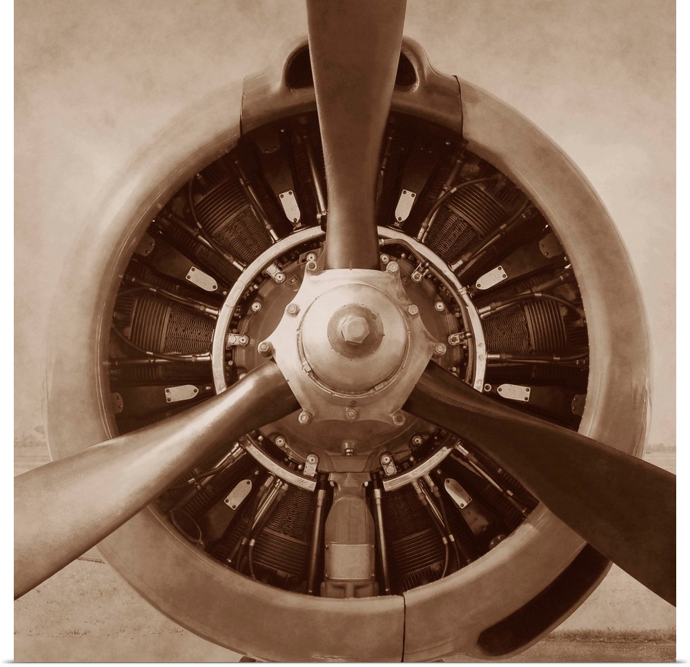 Square photograph of a plane from the view of the wing in a sepia tone.