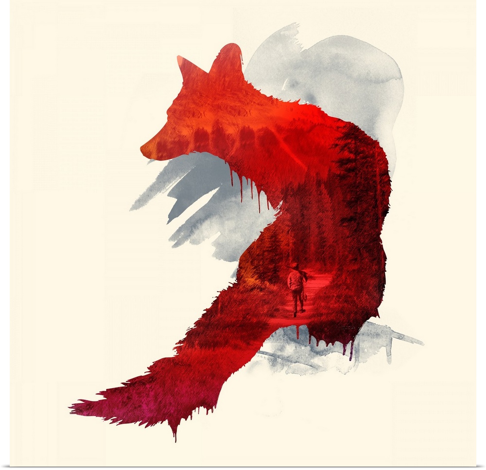 Double exposure artwork of fox and a hunter walking in the woods.