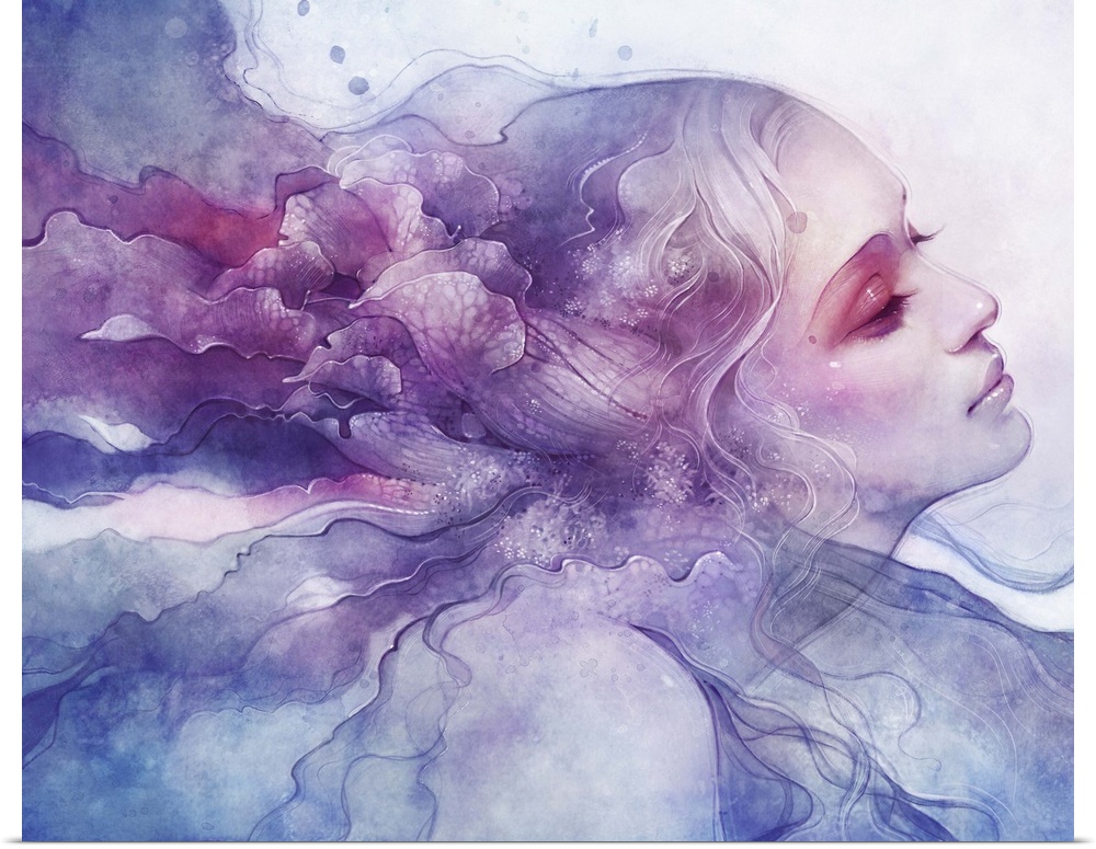 A contemporary fantastical painting of a woman's face in profile with pink and purple free flowing watercolor forms flowin...
