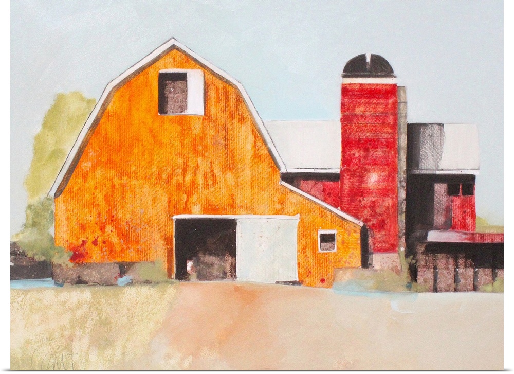 A contemporary watercolor painting of a barn.