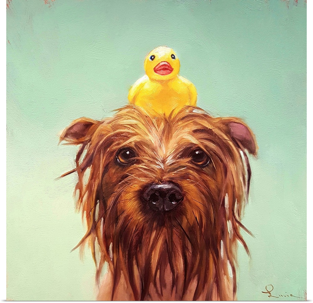 A contemporary painting of a bathing dog with a rubber duck on he's head.