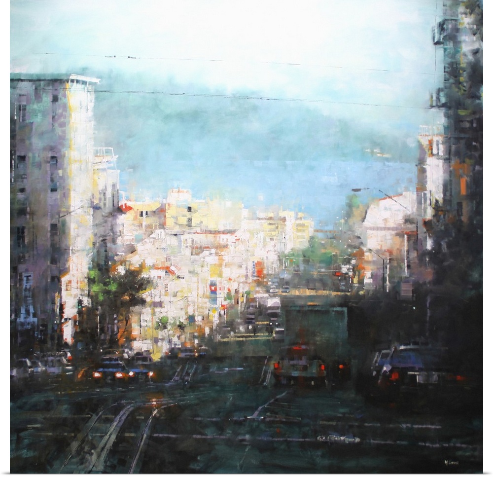 Contemporary painting of an urban scene, with cars on the road looking out over the bay.