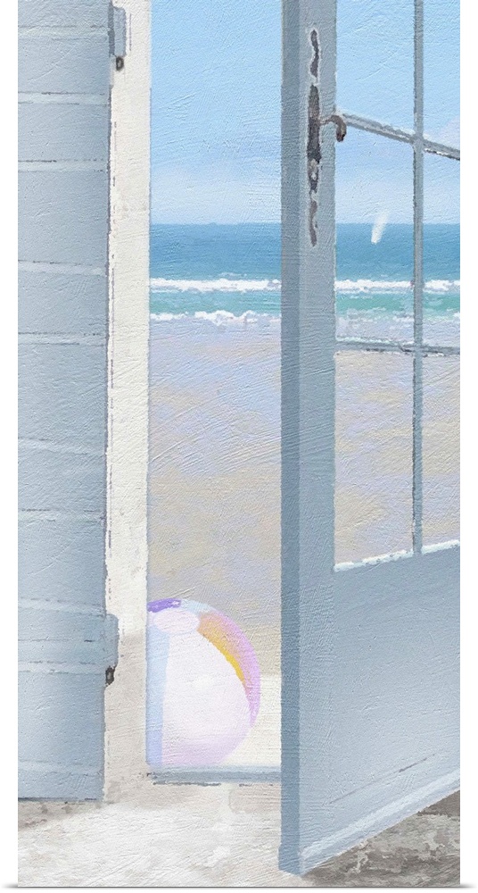 Contemporary painting of an open open door with beach ball outside it looking out at a beach scene.