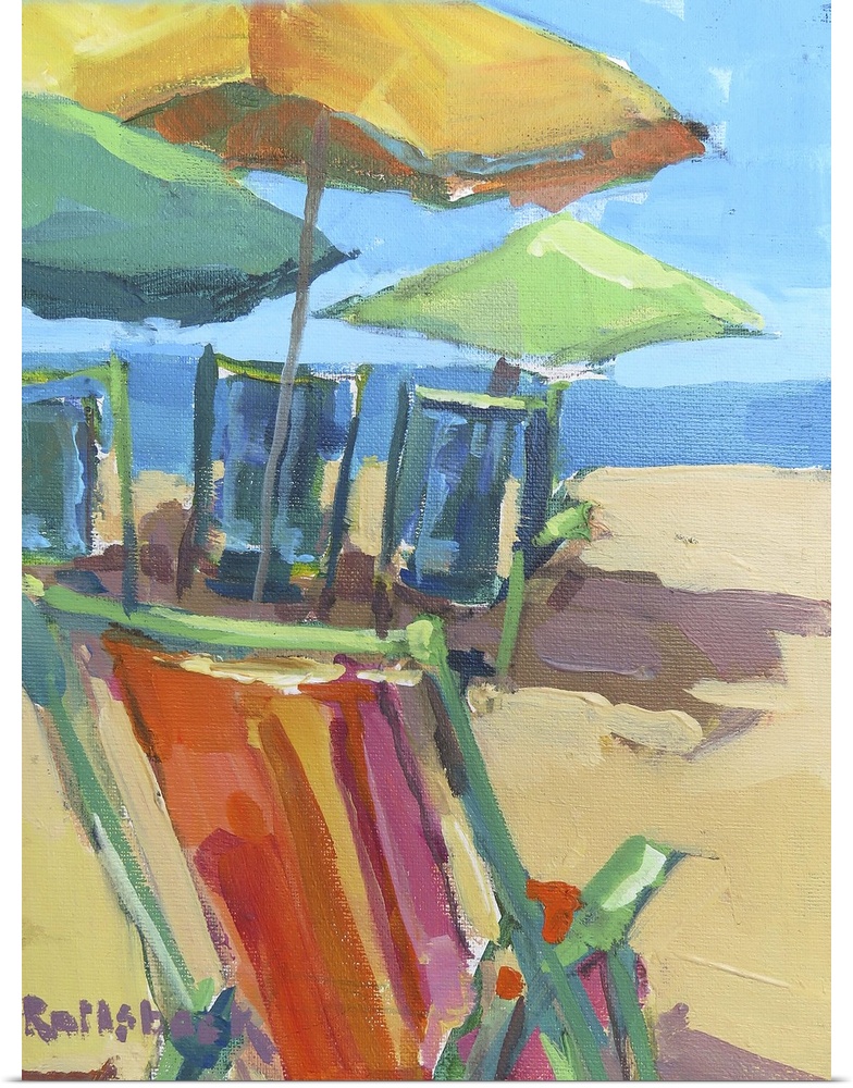 A coastal themed painting of colorful chairs sitting on a beach.