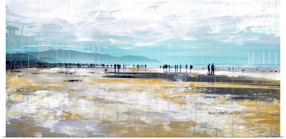 A panoramic mixed media artwork of people walking along a beach.