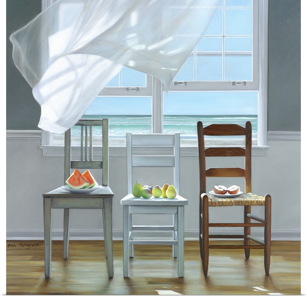 Contemporary painting of three chairs sitting in a sunlit room, with an open window and drapes being blown in the wind.
