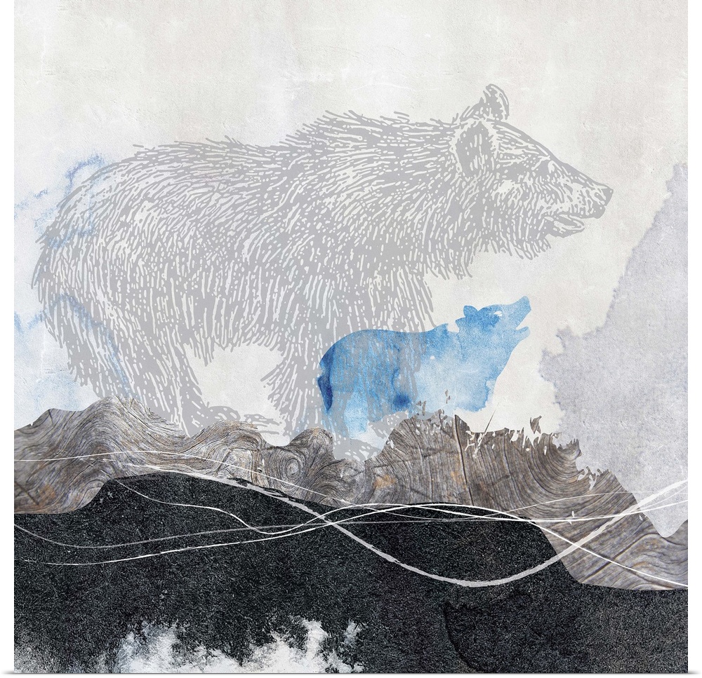 Contemporary artwork of a faded illustration of a bear against a distressed background of wilderness imagery.