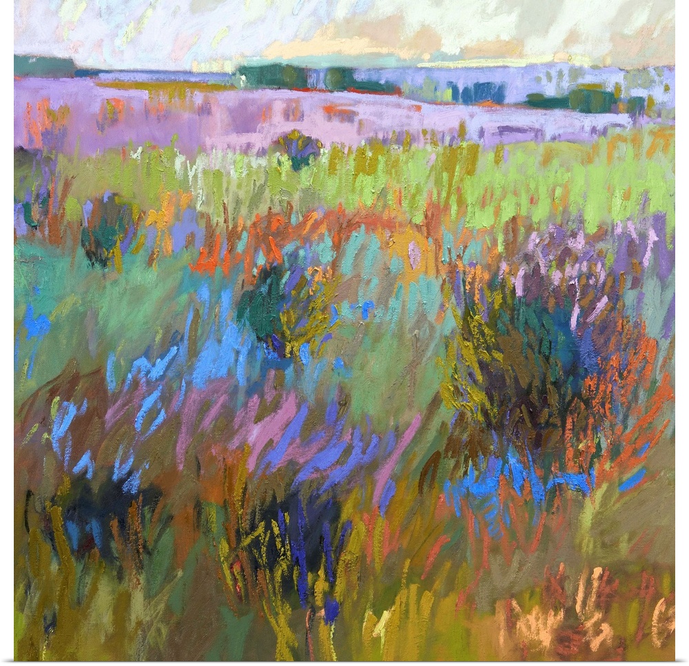 A square abstract of a field with flowers painted with brush strokes of vibrant colors.