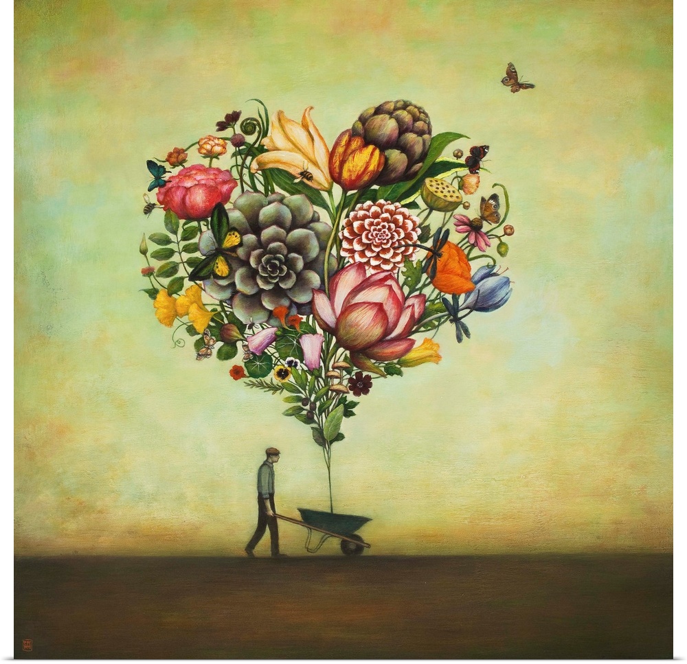 Contemporary surreal artwork of a man pushing a wheelbarrow with several giant flowers in the shape of a heart overhead.