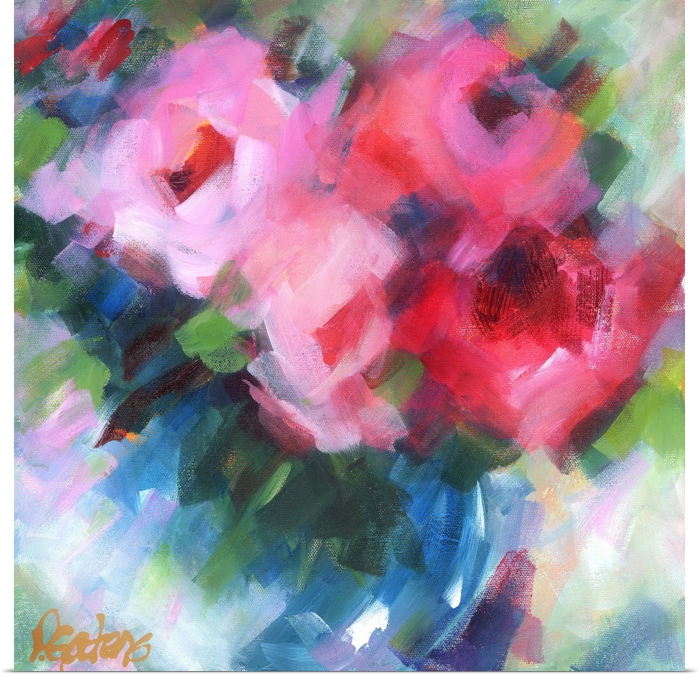 A square abstract painting of bright pink flowers.
