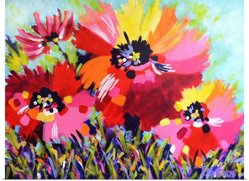 A horizontal abstract painting of bright poppies in colors of yellow, red and pink.