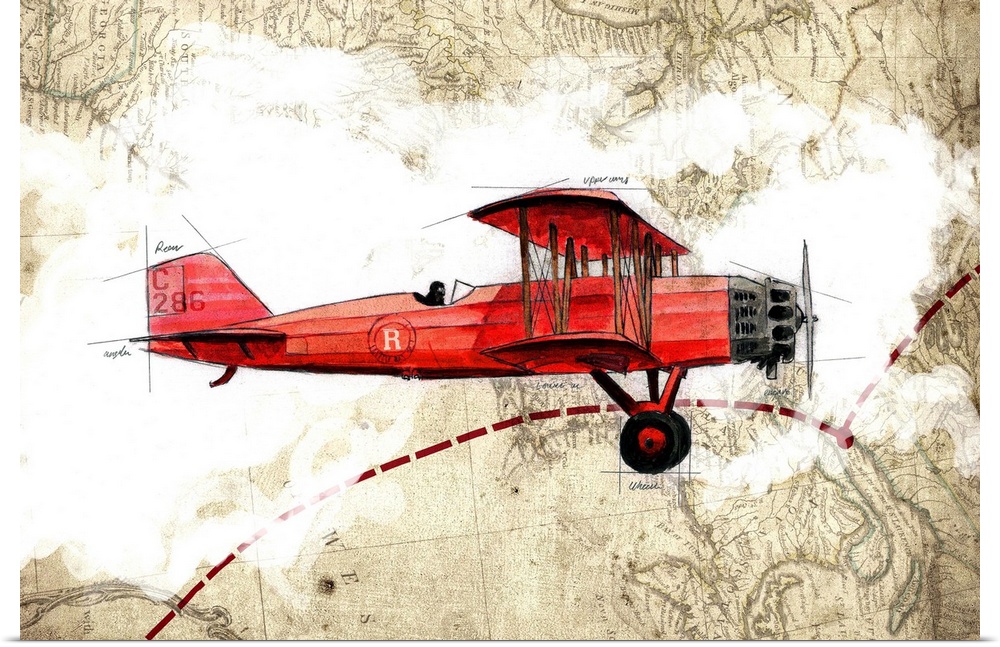 Illustration of a red biplane in flight with clouds and a map in the background.