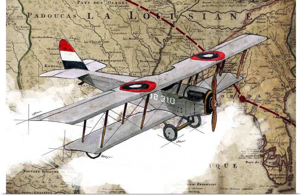 Illustration of a gray biplane in flight with clouds and a map in the background.
