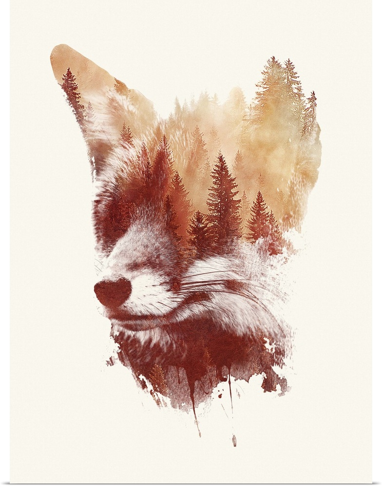 Contemporary double exposure artwork of a fox and forest silhouette scene.