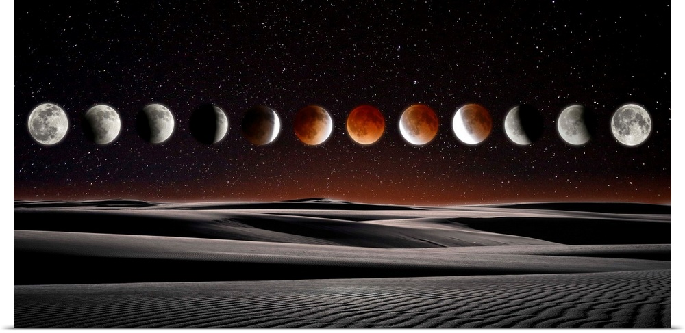 A horizontal composite photograph of the Blood Moon Eclipse.