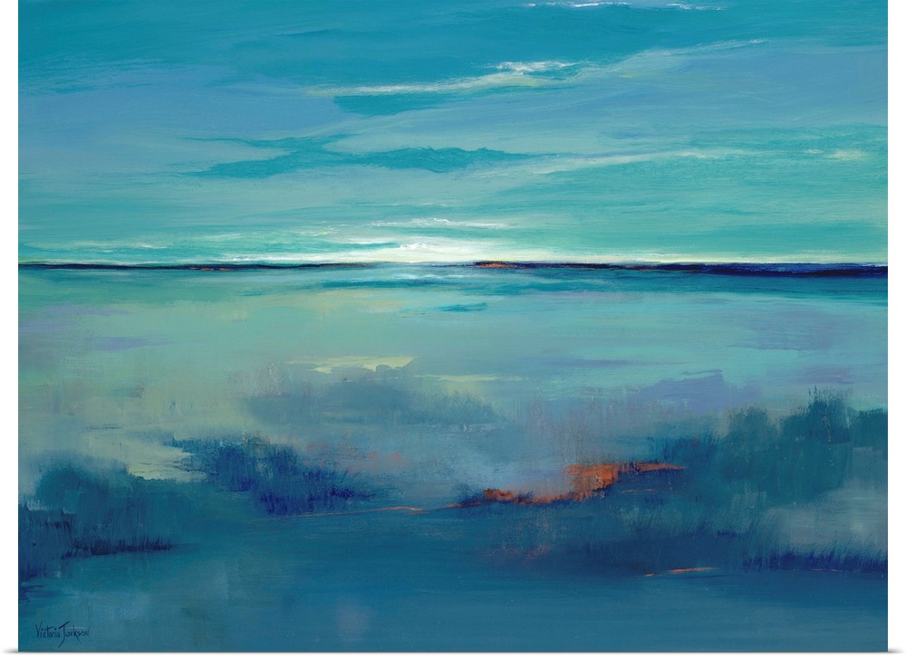 Contemporary abstract painting using using predominant blue tones resembling an open sea and horizon with setting sun.
