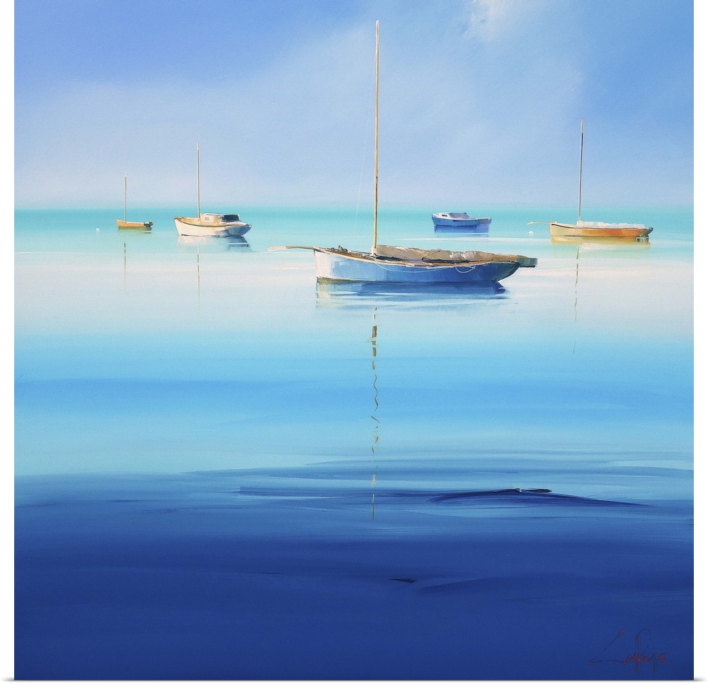 Contemporary painting of sailboats on  calm turquoise water.