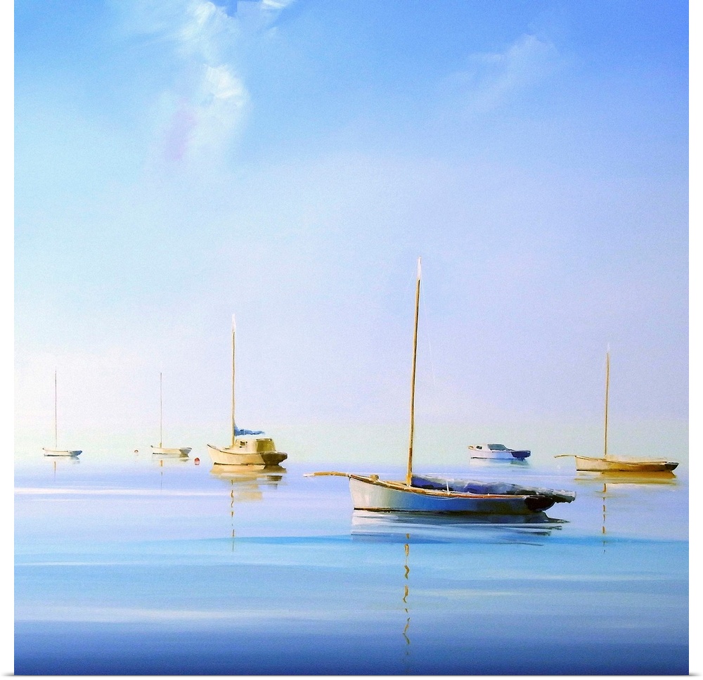 Contemporary painting of sailboats with their sails down floating on the water.