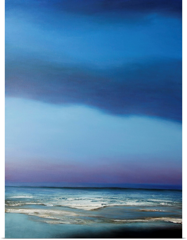 Abstract beachscape at night painted in bright blue hues.