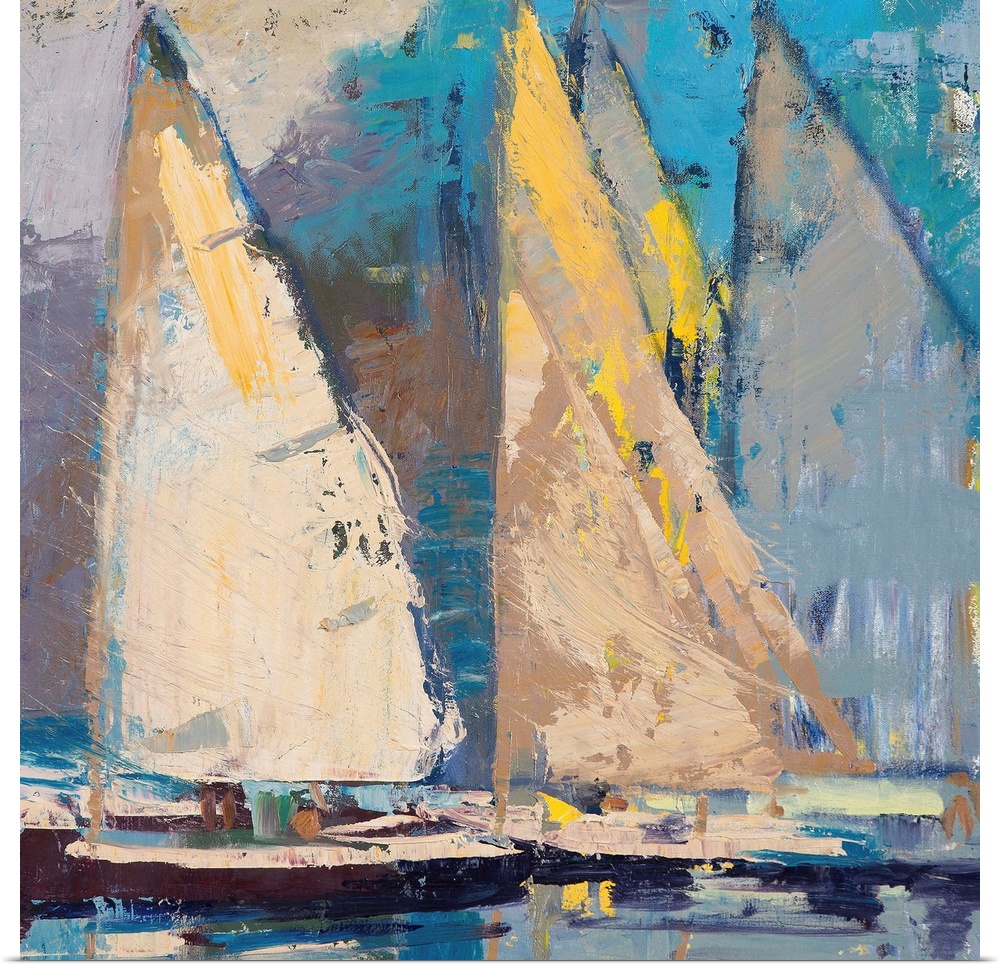 A contemporary coastal themed painting of sailboats in a harbor.