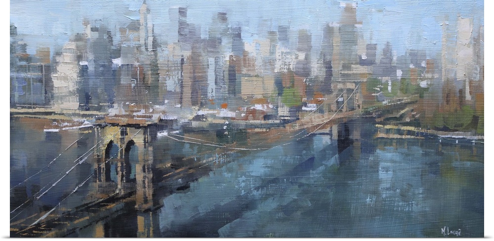 Painting of the New York City skyline with the Brooklyn Bridge in the foreground.