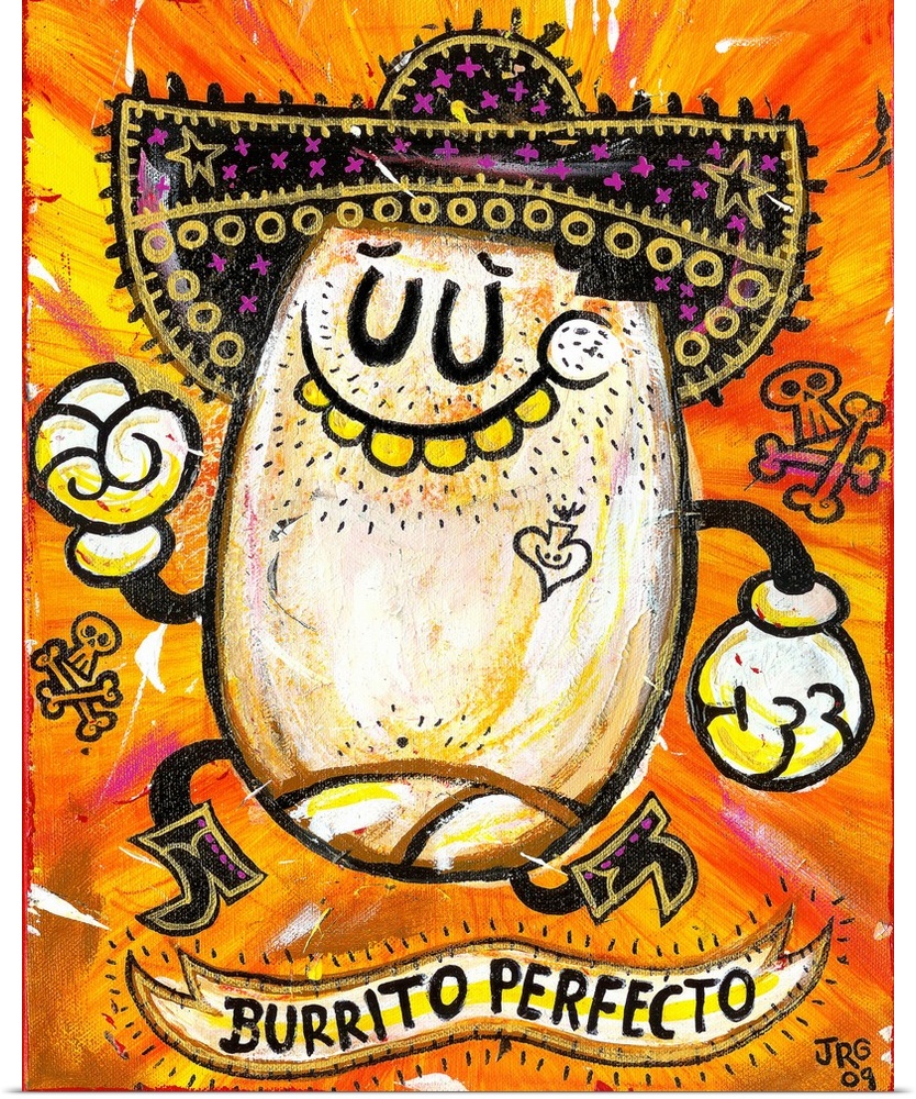 Latin art of a happy burrito wearing a decorated sombrero.