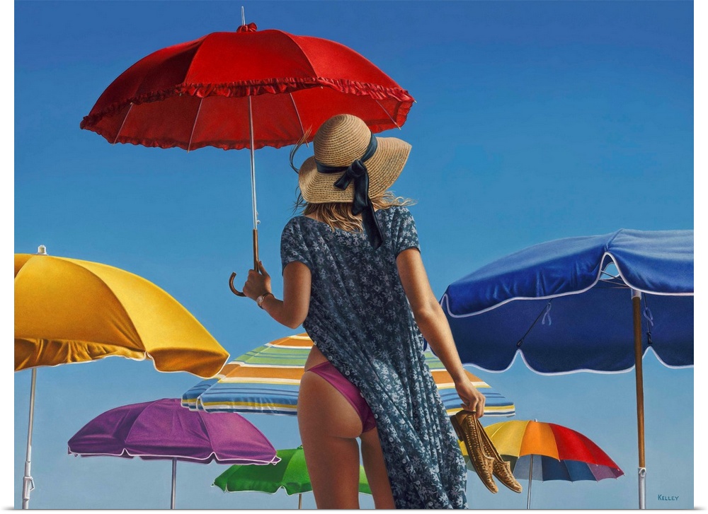 A contemporary painting of a woman standing with beach canopies and holding a red umbrella.