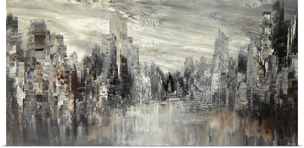Contemporary painting of a large city full of skyscrapers with a gloomy sky.