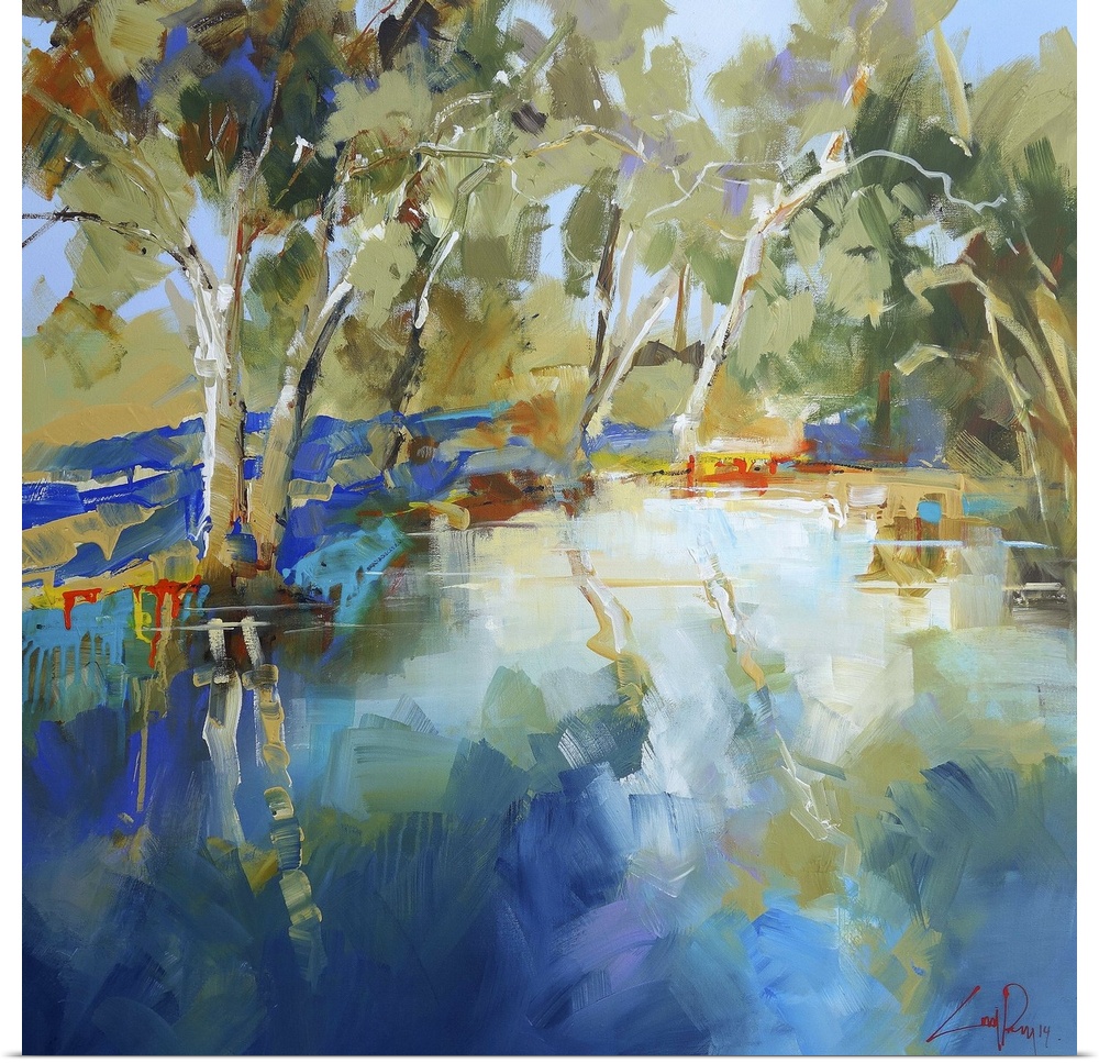 Contemporary painting of trees along a stream.