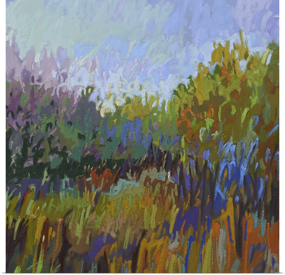 Semi-abstract painting of a grassy field lined with trees.