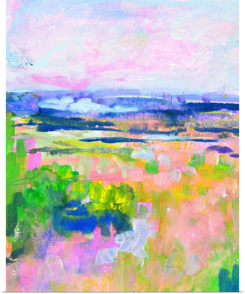 Brightly colored landscape with a field of vivid green and pink under a pastel blue and pink sky.