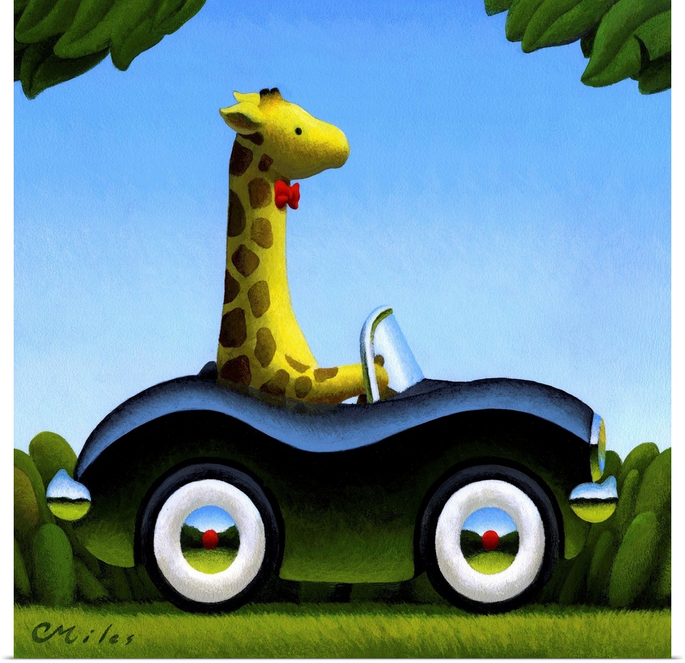 Whimsical painting of a giraffe in a bowtie driving a car.