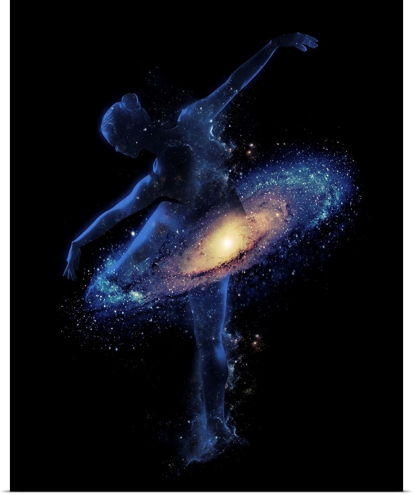 Double exposure artwork featuring a dancer and her tutu as a galaxy.