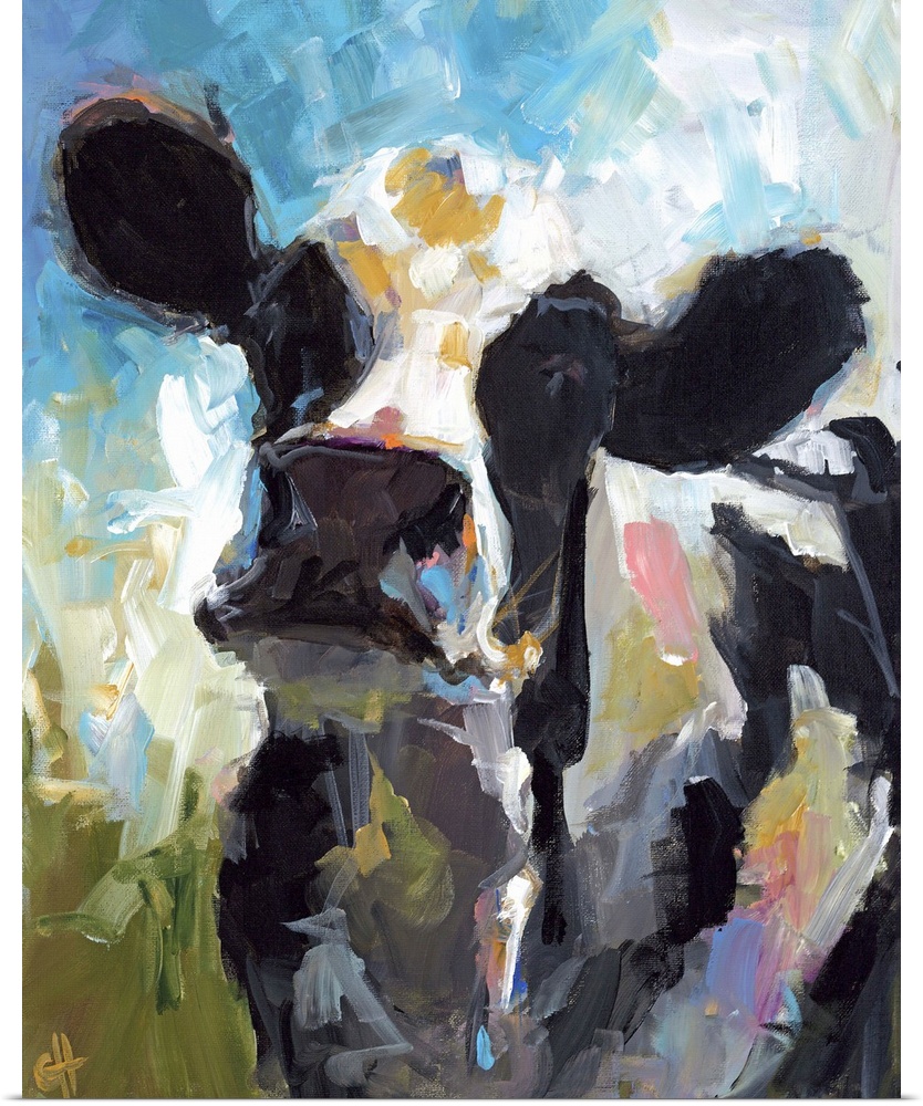 Contemporary portrait of a black and white dairy cow.