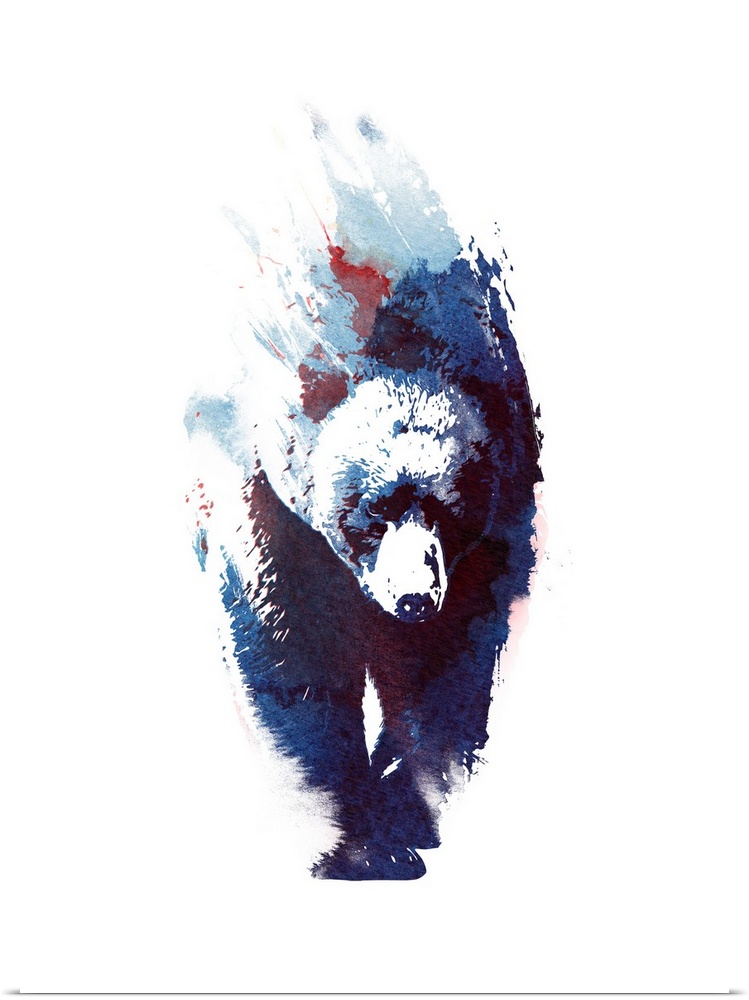 Contemporary artwork of a watercolor bear solemnly walking against a white background.