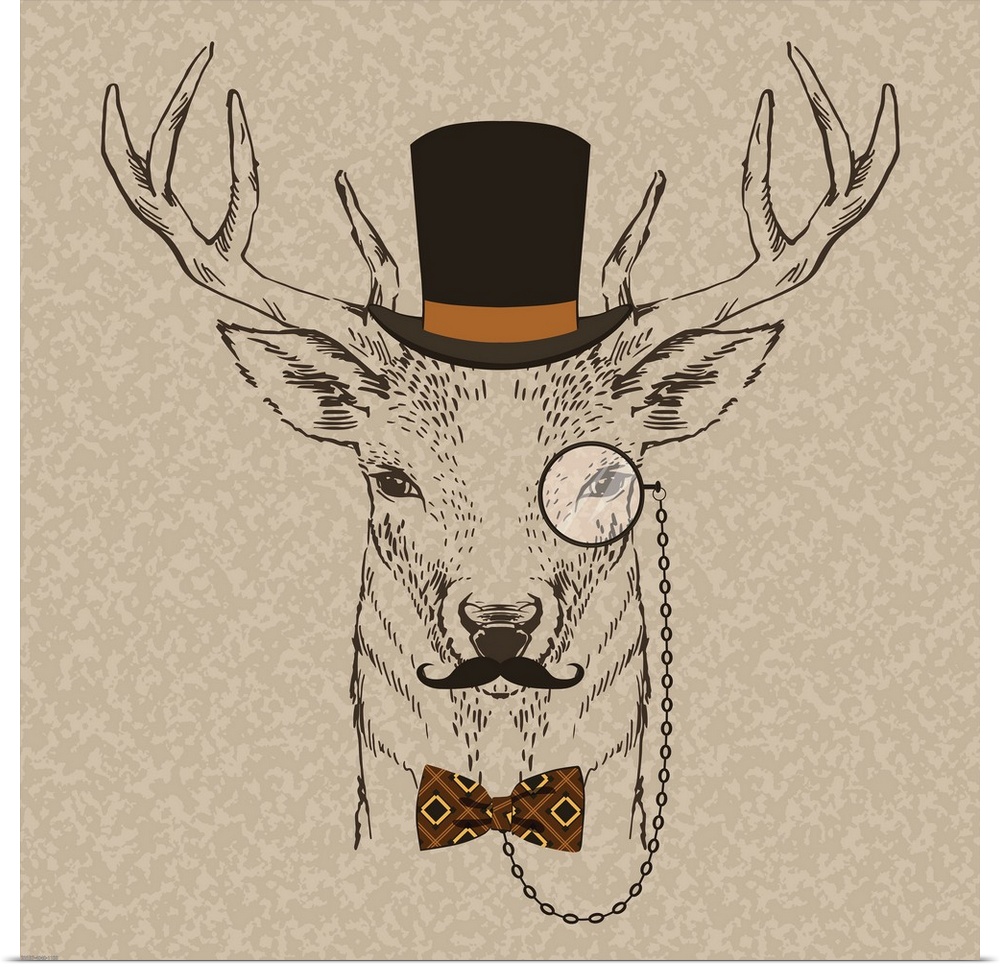 Illustration of a deer head with a mustache, top hat and monocle.