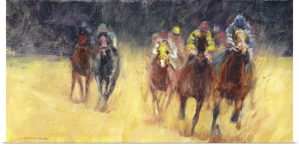 A contemporary painting of a horse derby, with the air of the horses advancing toward you.