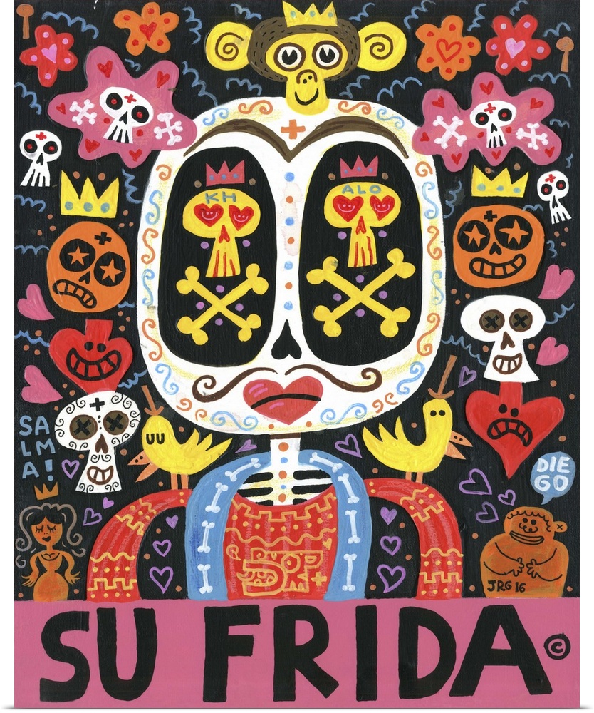 Latin art of a sugar skull decorated with hearts and flowers.