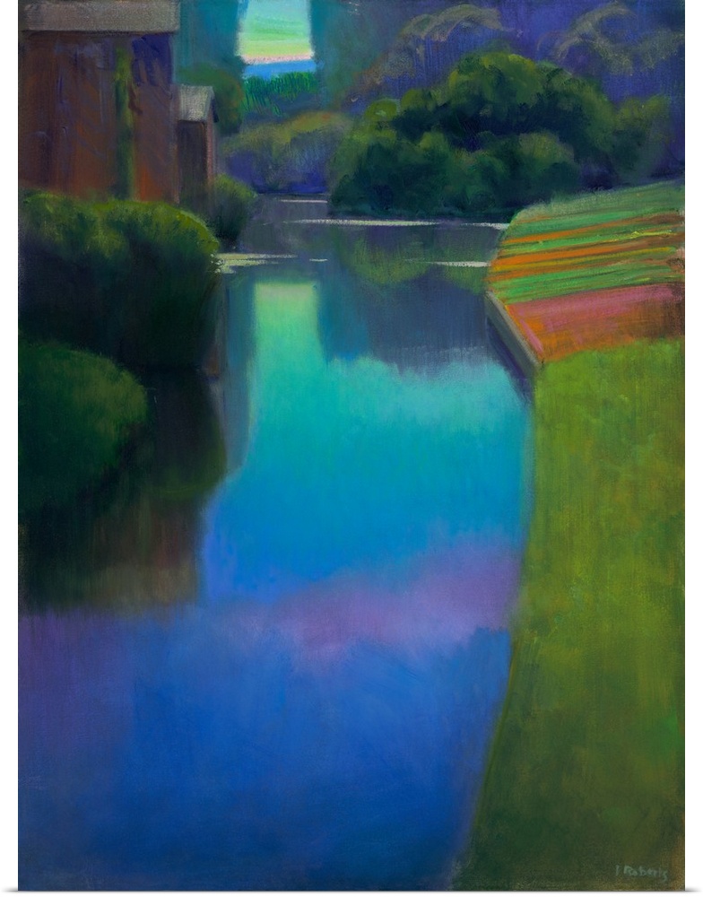 A contemporary painting of a river flowing through a countryside.