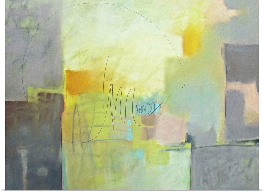 Contemporary abstract painting using muted blue and green tones.