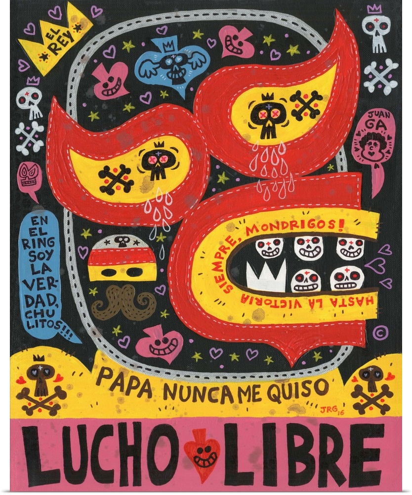 Latin art of a luchador wearing a mask, decorated with hearts and skulls.