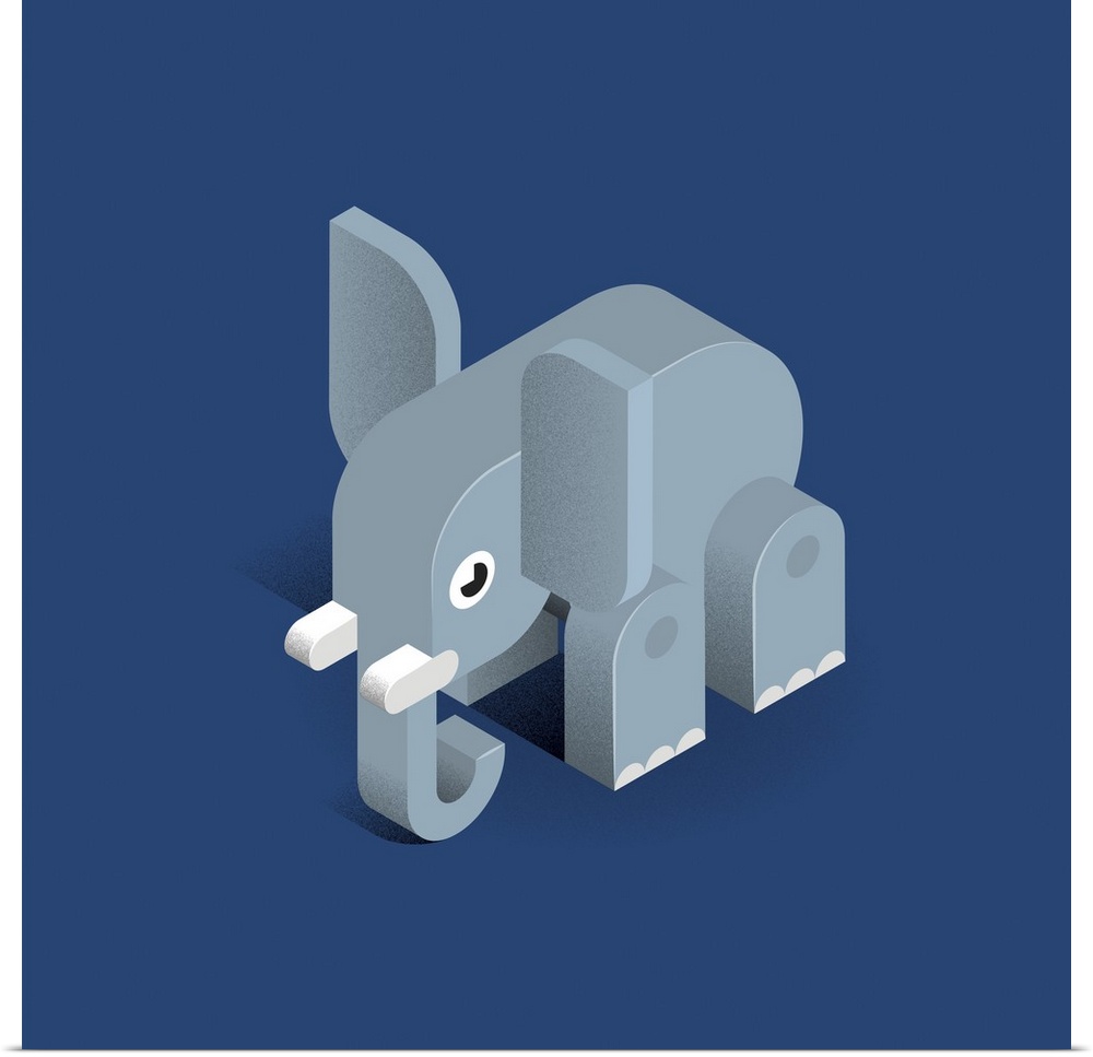 Contemporary piece of artwork of a geometric yet soft looking blocky elephant.