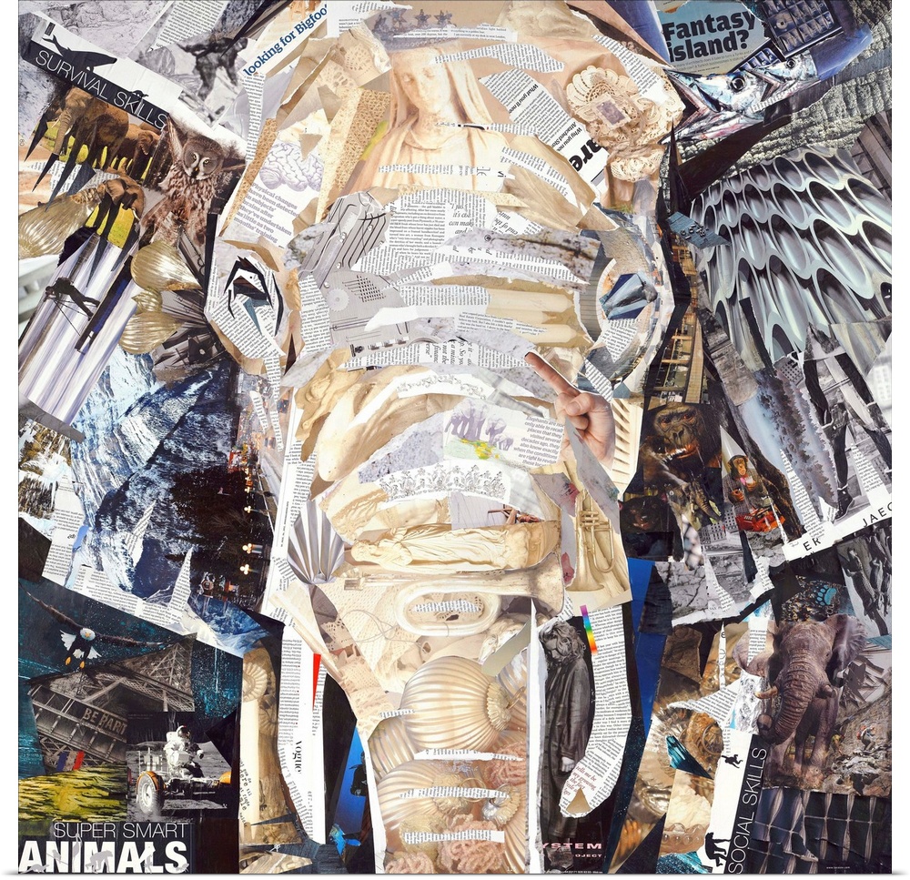 Mixed media artwork of an elephant  made from cut magazine and book pages.